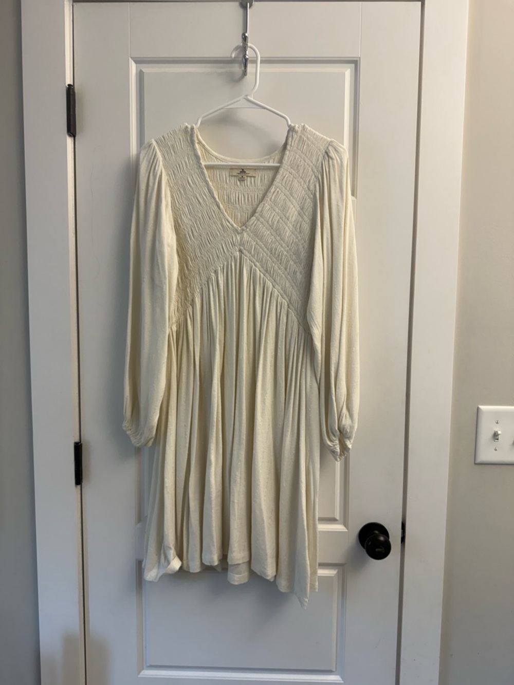 Rip Curl Cream Long Sleeve Smocked V‑Neck Dress